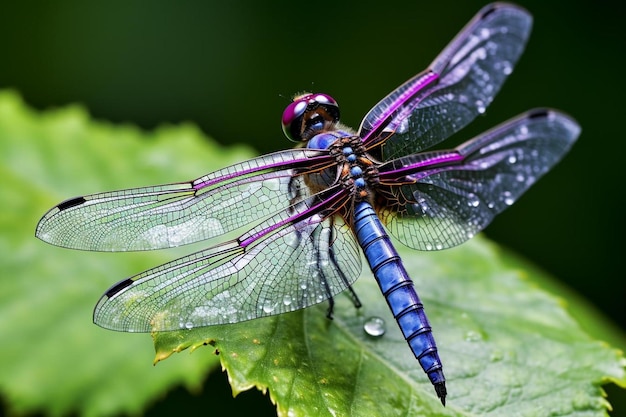 dragonfly with a purple body and blue wings