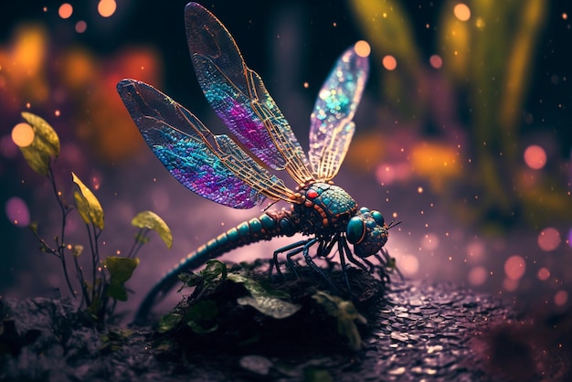 A dragonfly with purple wings sits on a rock.