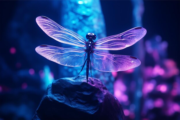 A dragonfly with purple wings sits on a rock