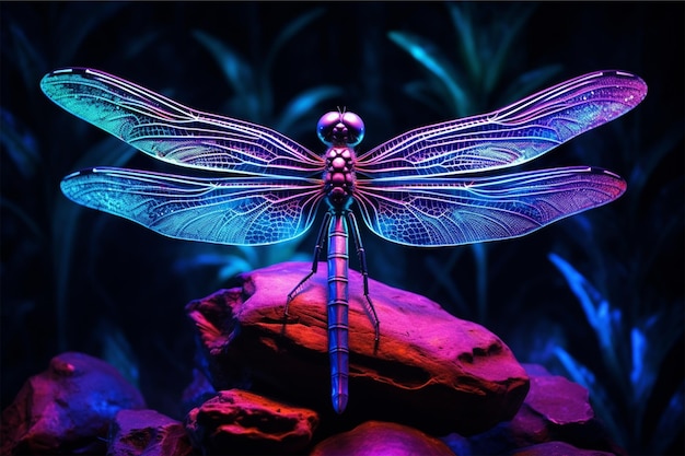 A dragonfly with purple wings sits on a rock