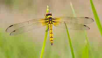 Photo a dragonfly with a red tail sits on a blade of grass