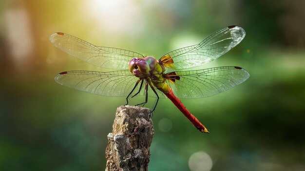 a dragonfly with a red tail sits on a branch