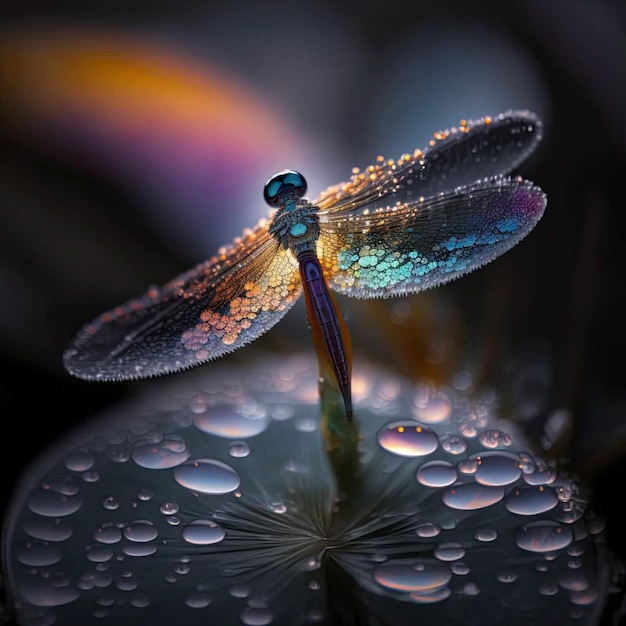 A dragonfly with water droplets on it