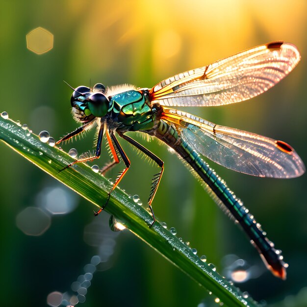 a dragonfly with water droplets on its wings