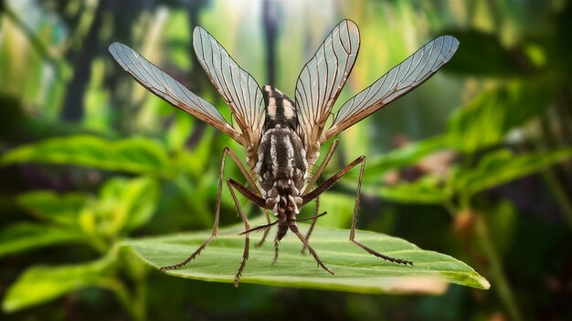 Photo a dragonfly with wings spread out on a green leaf