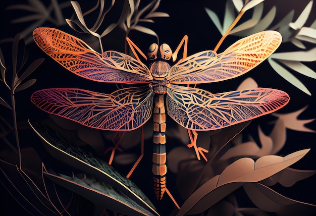 A dragonfly with wings that are colored in orange and blue.