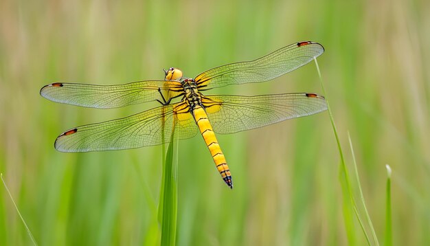 Photo a dragonfly with yellow legs and legs on a green grass