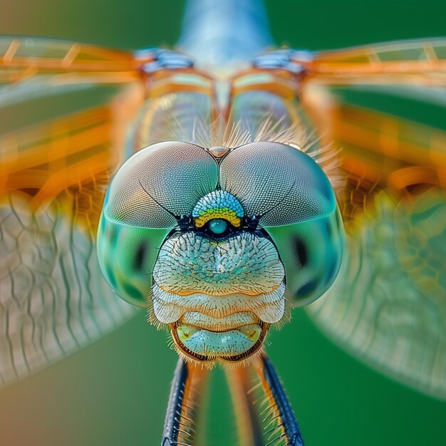 Foto una libellula con una faccia gialla e arancione e uno sfondo verde