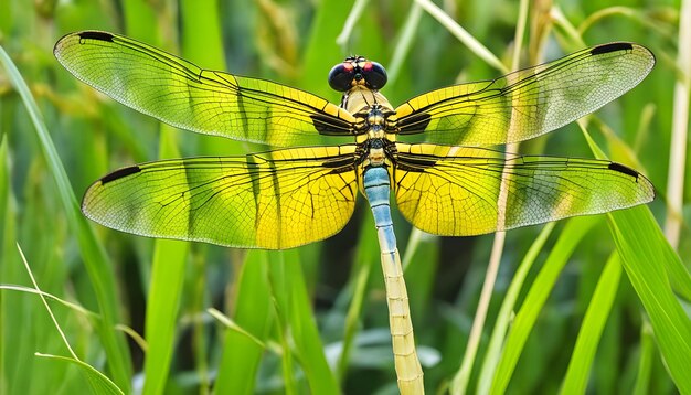 Photo a dragonfly with yellow wings is sitting on a green grass