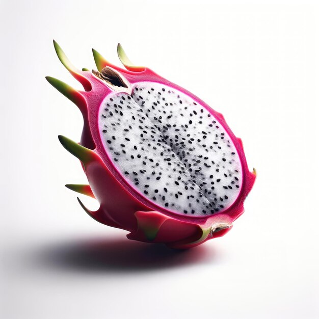 A dragonfruit cut in half revealing the white flesh and black seeds