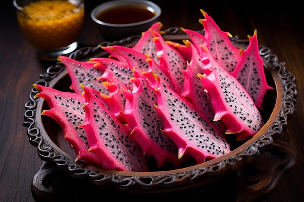 Foto dragonfruit slices arranged in the shape of a butterfly