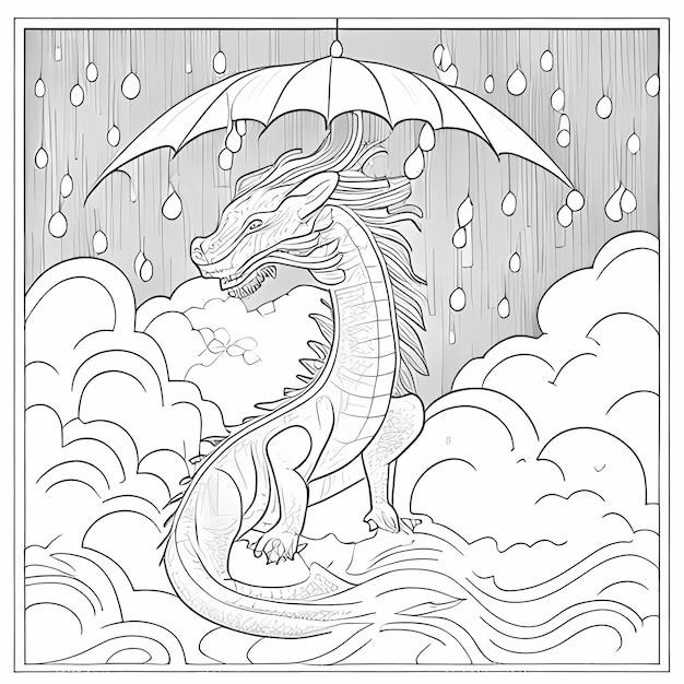Dragons Dance Coloring Page of a Chinese Rain Dragon Illuminated Moonlight
