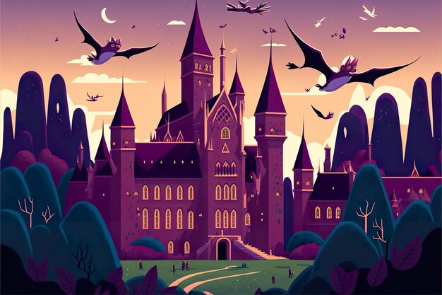 Dragons fly around the castle flat illustration