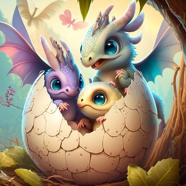 Dragons hatch a baby dragon out of an egg with its mother generative ai