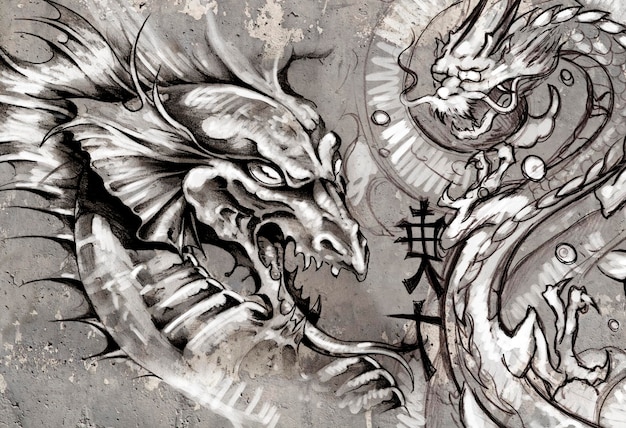 Dragons, tattoo illustration over grey wall