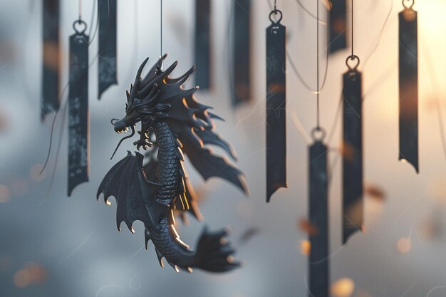 Dragonshaped wind chimes tinkling in the breeze th