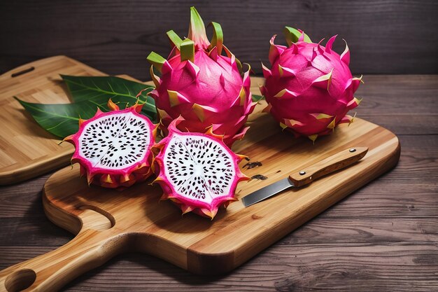 Drakenfruit met snijplank plat op een houten tafel