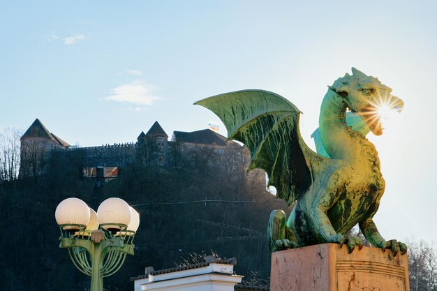 Drakenstandbeeld in de oude stad van Ljubljana en kasteel op de achtergrond. Slovenië. Sculptuur in prachtige Sloveense stad, uitzicht in blauwe lucht. Symbool van stedelijke groene hoofdstad. Hoofd van een dierenfiguur met vleugels.