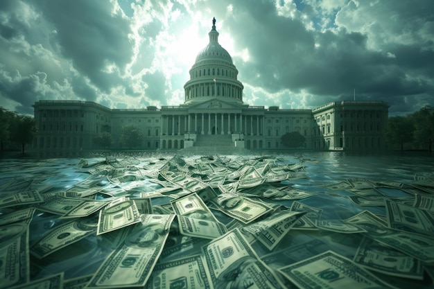 Dramatic 3D Capitol engulfed in swirling dollars symbolizing political power and economic influence