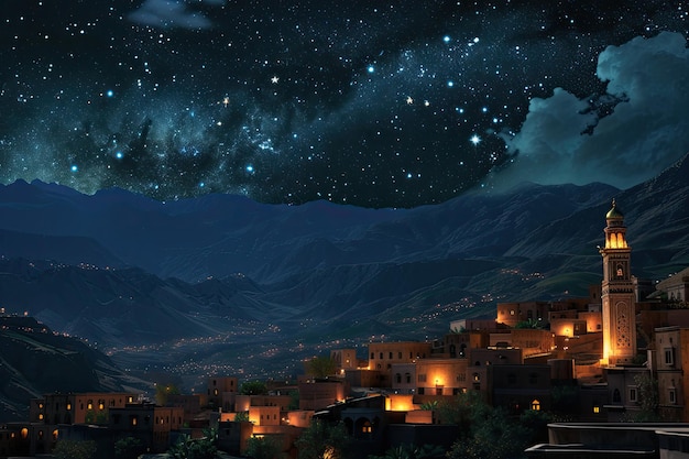 A dramatic 3D night sky over a small town observing Ramadan