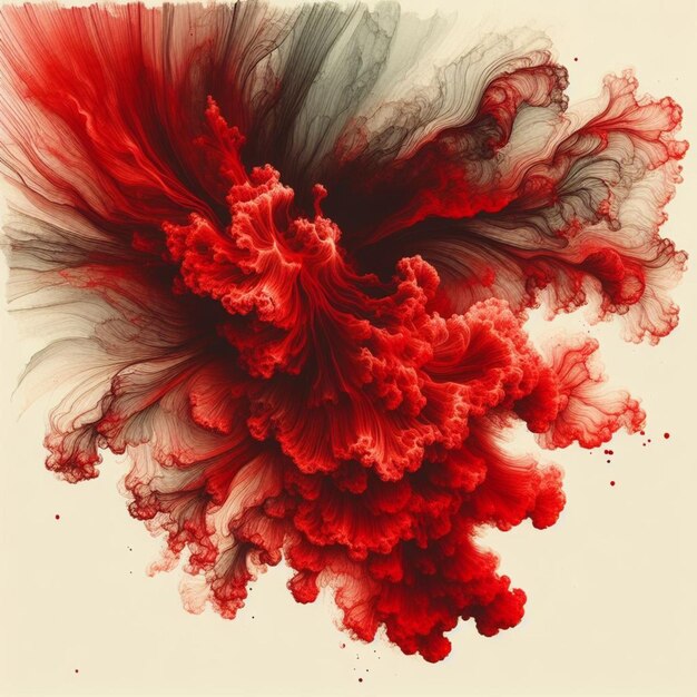 A dramatic abstract artwork of a red flower with smokelike flowing forms