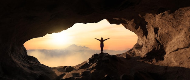 Dramatic Adventurous Scene with Woman standing inside a Rocky Cave