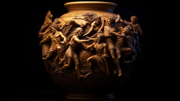 Dramatic amphora of Greek heroes vs monsters epic combat detailed