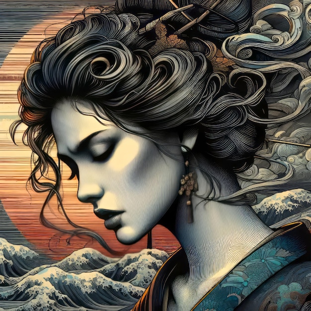 dramatic artistic portrait of geisha with long hair and graphic background