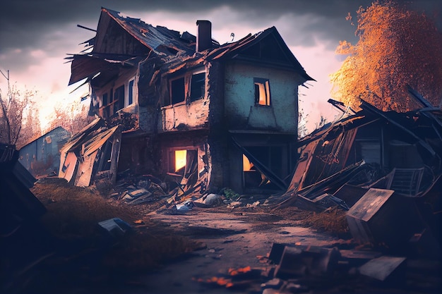 Dramatic atmosphere of destroyed housesgenerative ai