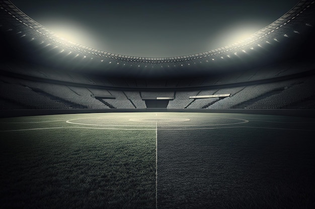 Foto una rappresentazione drammatica e suggestiva di un campo di calcio di notte, questa opera d'arte utilizza luci e ombre audaci generate dall'intelligenza artificiale