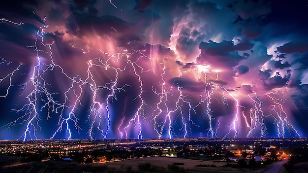 A dramatic and aweinspiring image of a lightning storm over a city