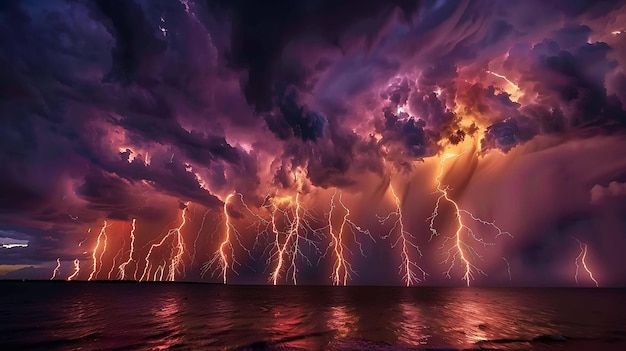 A dramatic and aweinspiring image of a lightning storm over the ocean