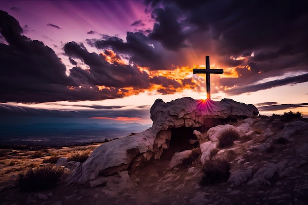 a dramatic backdrop for the holy cross atop Golgotha Hill, symbolizing the death and resurre