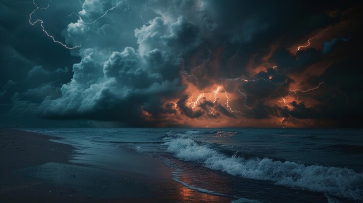 Photo dramatic beach scene with dark storm clouds and fiery lightning in high quality realistic image
