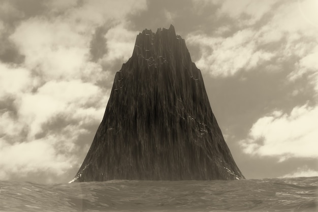 Dramatic Black Rock Island Landscape in Ocean extreme closeup. 3d Rendering