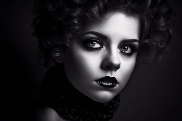 Dramatic Black and White Beautiful Womna Portrait with Bold Eyeliner Generative Ai