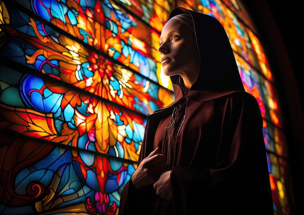 A dramatic black and white image of a nun standing in front of a stained glass window with the