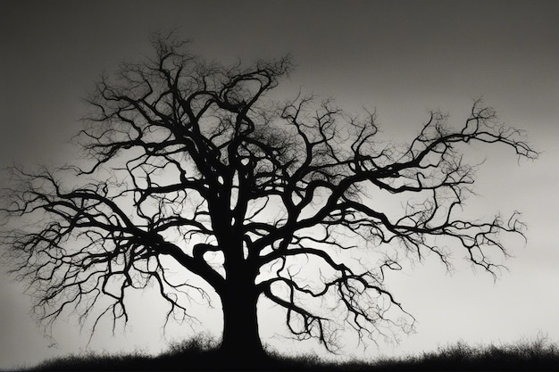 A dramatic black and white tree landscape