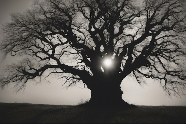 A dramatic black and white tree landscape