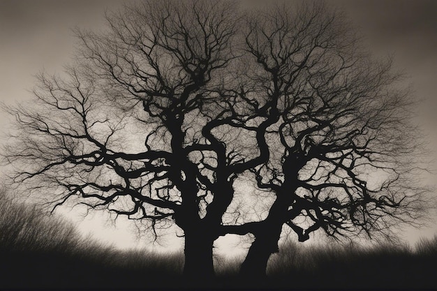 A dramatic black and white tree landscape