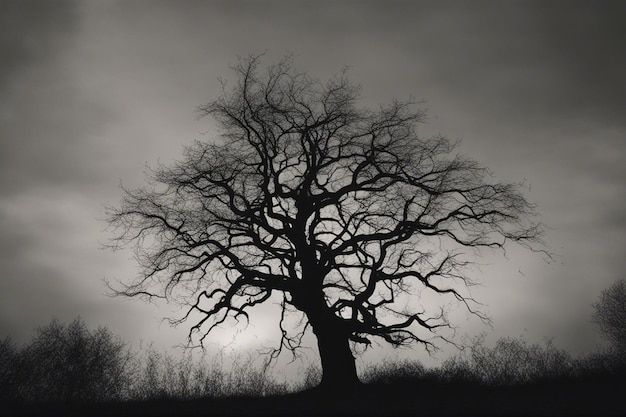 A dramatic black and white tree landscape