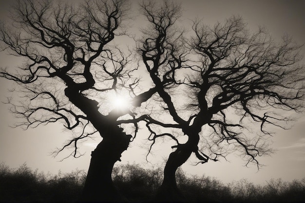 A dramatic black and white tree landscape