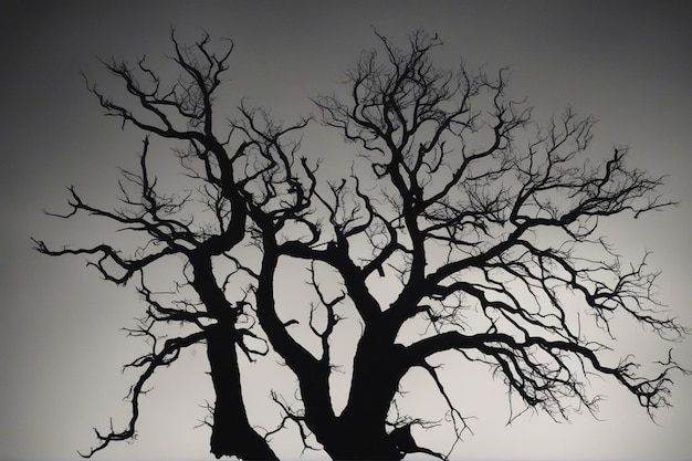 A dramatic black and white tree landscape