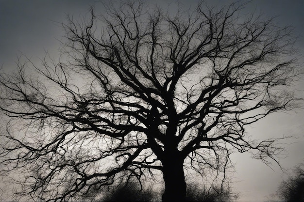 A dramatic black and white tree landscape