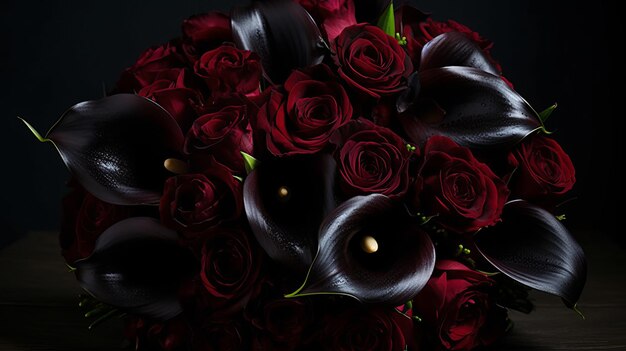 A dramatic bouquet of dark red roses and black calla lilies AI generated