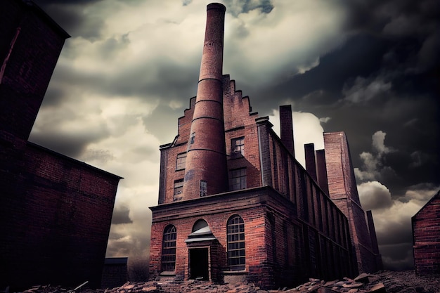 A dramatic brick wall with a towering factory chimney in the background