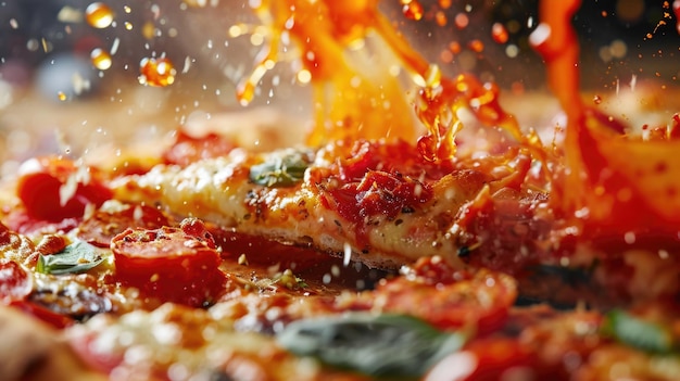 Dramatic capture of cheese pizza slice with toppings flying mid air explosion