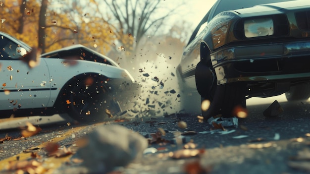 Dramatic car crash scene with vehicles colliding and debris flying