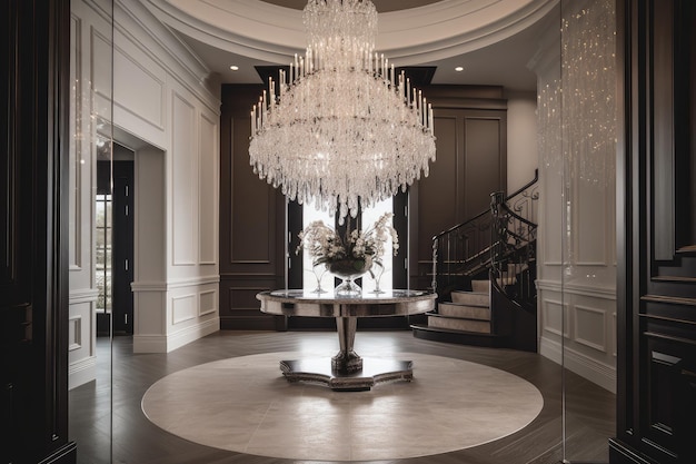 A dramatic chandelier with crystals and glass in a grand entryway created with generative ai