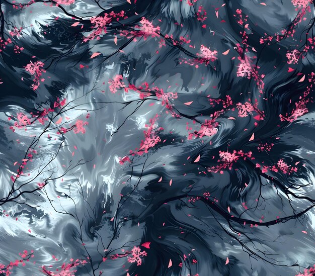 Photo dramatic cherry blossom storm swirling vortex of petals against a moody sky branches bending in the wind flashes of lightning expressionistic